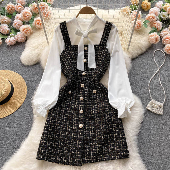 Roupas Outono Top de Manga Longa das mulheres Lace-up Branco Camisa Xadrez Retro Single-breasted Vestido Suspender Two-piece Set Vestido
