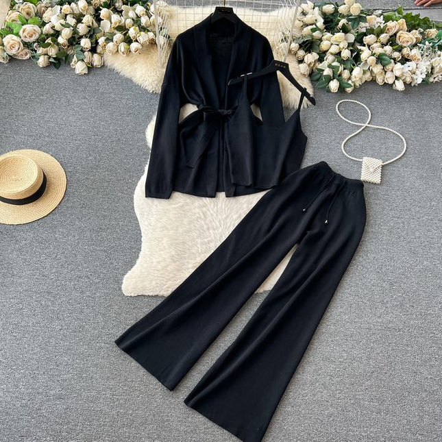 Autumn Winter New Loose Casual Fashion Suit Female Knitted Cardigan Jacket Undershirt Pants Three Piece Set