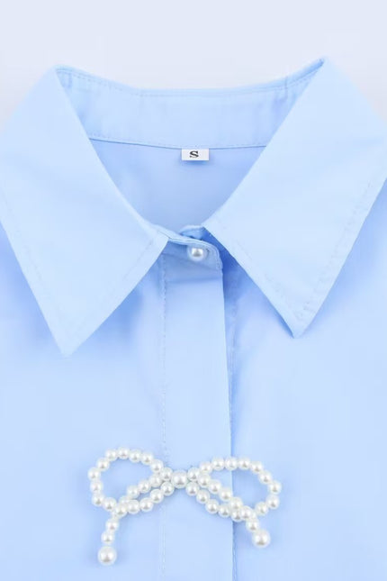 Turn Down Collar Long Sleeve Blue Color Bow Tie Casual Fashion Tops Blouse for Women