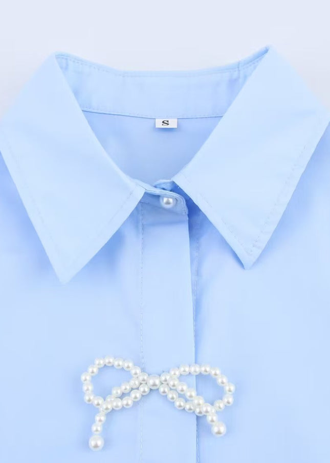Turn Down Collar Long Sleeve Blue Color Bow Tie Casual Fashion Tops Blouse for Women