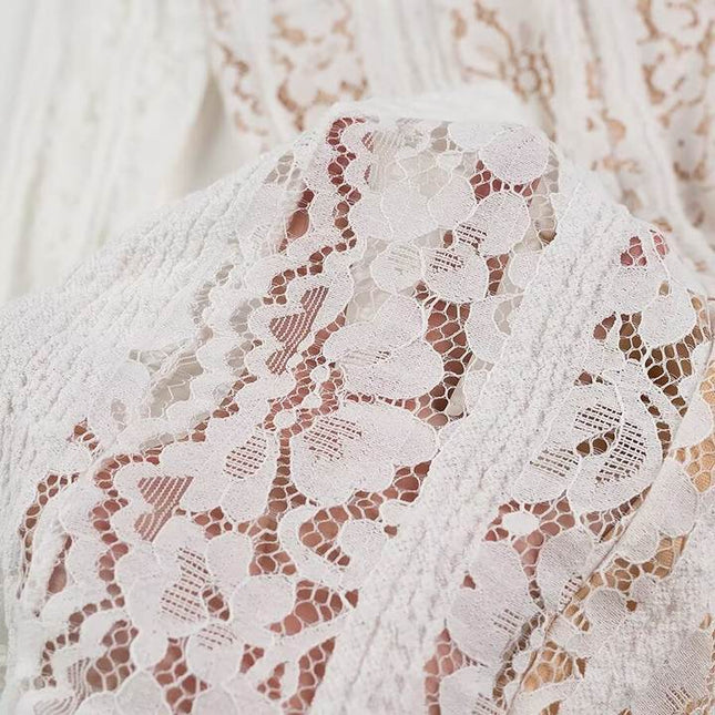 Slash Neck White Color Long Sleeve Front Lace up Floral Lace Casual Fashion Mini Dress for Women
