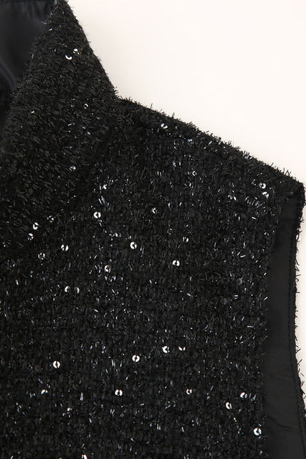 Stand Collar Black Color Sequin Buttons up Sleeveless Casual Fashion Mini Dress for Ladies