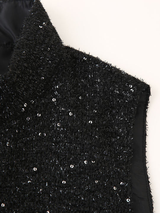 Stand Collar Black Color Sequin Buttons up Sleeveless Casual Fashion Mini Dress for Ladies