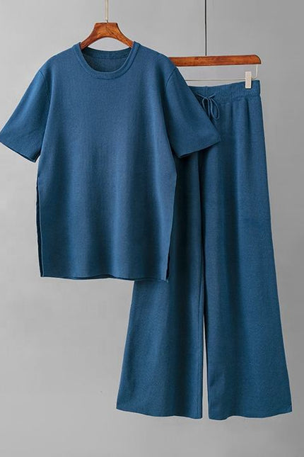 Fashion Knitwear Set in Long Solid Color Loose Split Knitwear + High Waist Lace-up Pants Two-piece Set