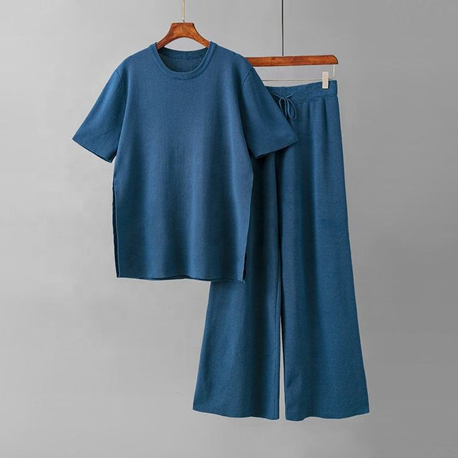 Fashion Knitwear Set in Long Solid Color Loose Split Knitwear + High Waist Lace-up Pants Two-piece Set