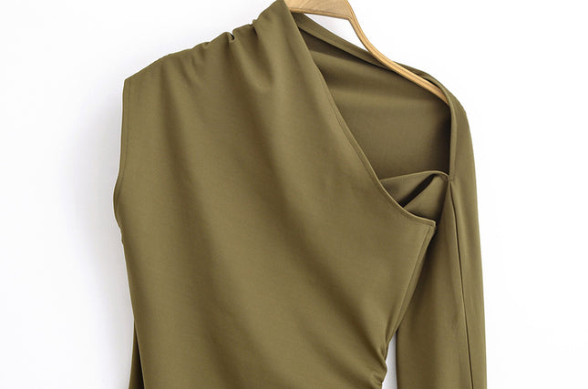 Long Sleeve Hollow Out Green Color Asymmetrical Design Casual Fashion Summer Dress for Women