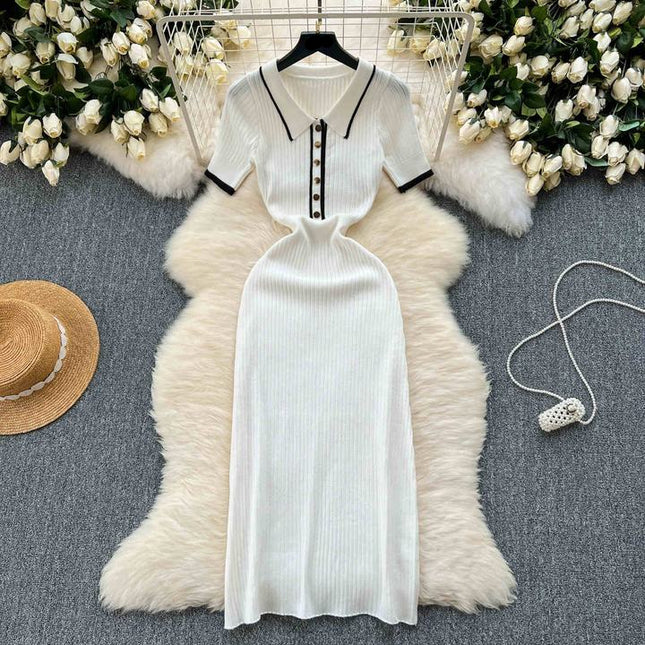 Knitted Short Sleeve Slim Solid Color Ol Simple Tight Dress Women