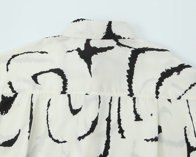Beige Black Color Print Long Sleeve Buttons up Turn Down Collar Casual Fashion Tops Blouse for Women