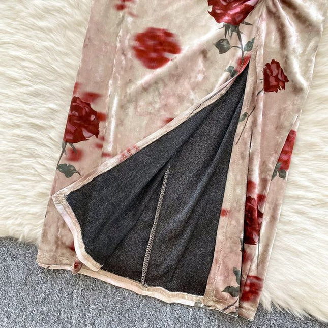 Vintage New Design Hollow-out Sleeveless Printed Velvet Waist Slit Dress
