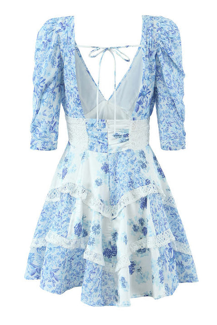 Blue White Color Floral Print v Neck Short Sleeve Casual Fashion Mini Dress for Women