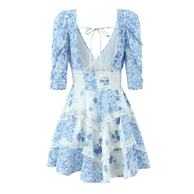 Blue White Color Floral Print v Neck Short Sleeve Casual Fashion Mini Dress for Women