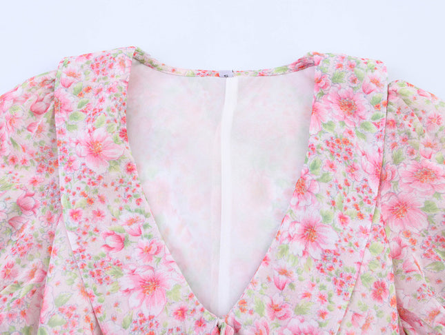 V Neck Floral Print Short Sleeve pink Color Lace up Casual Fashion Summer Mini Dress for Women