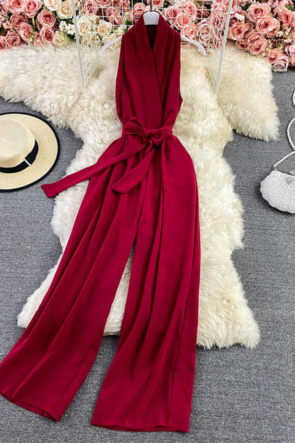 Summer Fashion V-Neck Sleeveless Hanging Neck Jumpsuit