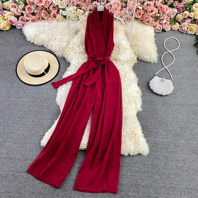 Summer Fashion V-Neck Sleeveless Hanging Neck Jumpsuit