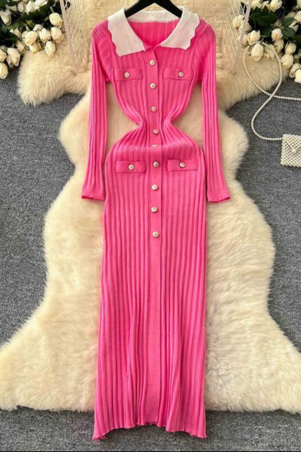 Vintage Collision Lapel Long Sleeve Slim Tight Vertical Knit Dress