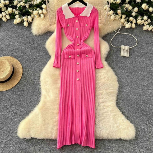 Vintage Collision Lapel Long Sleeve Slim Tight Vertical Knit Dress