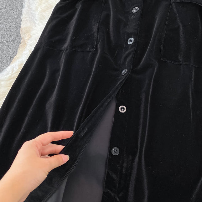 French Vintage Single-Breasted Velvet Cardigan Dress Fall and Winter Fashion Long Dresses