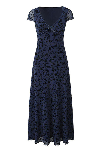 V Neck Short Sleeve Blue Color Floral Pattern Casual Fashion Midi Dress for Ladies