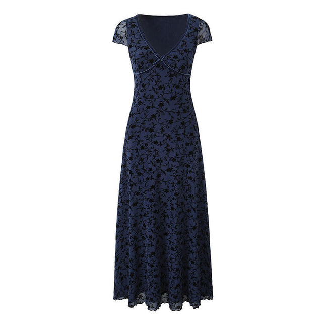 V Neck Short Sleeve Blue Color Floral Pattern Casual Fashion Midi Dress for Ladies