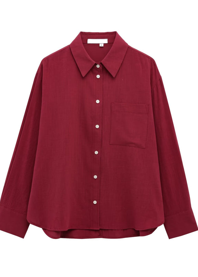 Buttons up Long Sleeve Red Color Turn Down Collar Casual Fashion Tops Blouse for Women