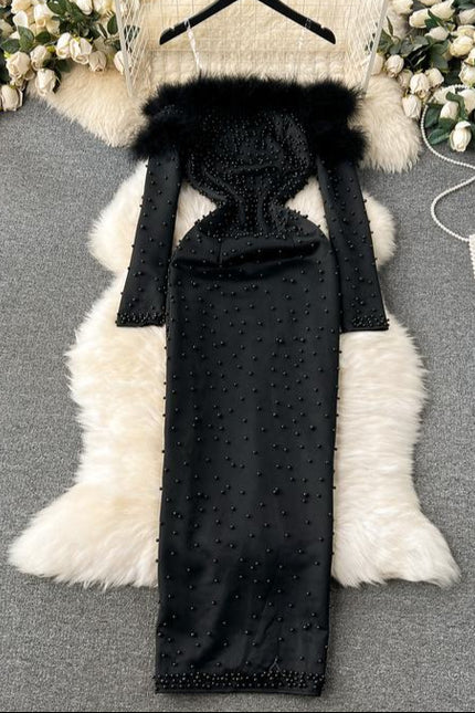 White Black Long Sleeve Strapless Beaded Gowns Women's Party Dresses