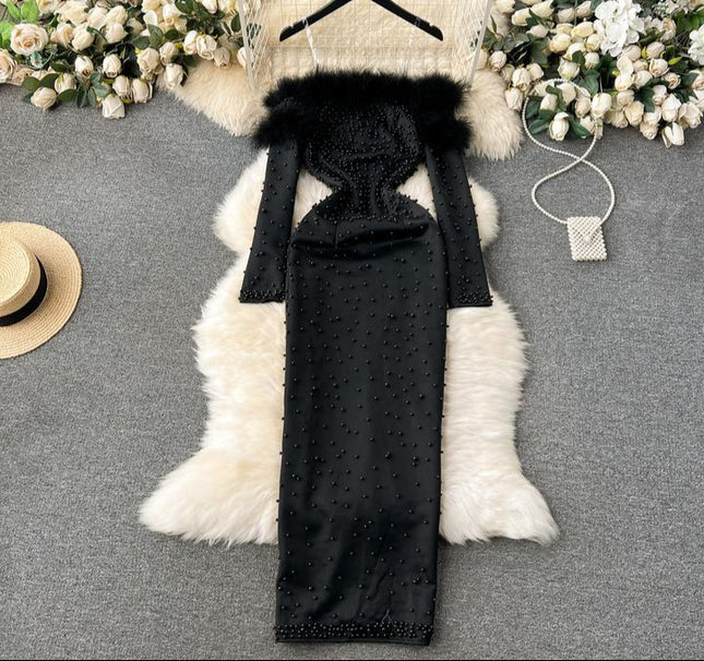 White Black Long Sleeve Strapless Beaded Gowns Women's Party Dresses