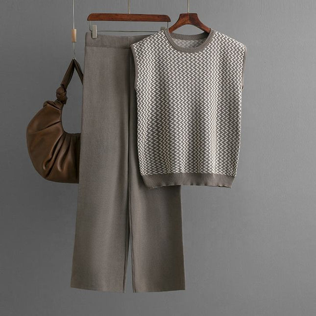 Summer New Simple Retro Loose Sleeveless Knitted Shoulder Top Wide Leg Pants Knitted Two Piece Set for Women