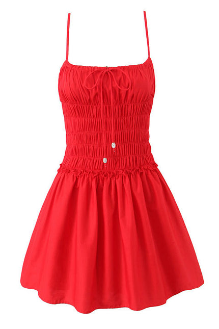 Spaghetti Strap Red Color Smocked Front Lace up Casual Fashion Summer Mini Cotton slip Dress for Women