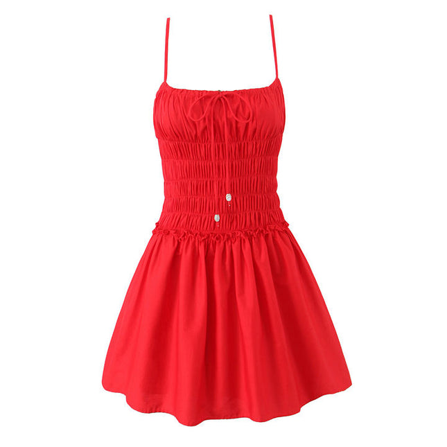 Spaghetti Strap Red Color Smocked Front Lace up Casual Fashion Summer Mini Cotton slip Dress for Women