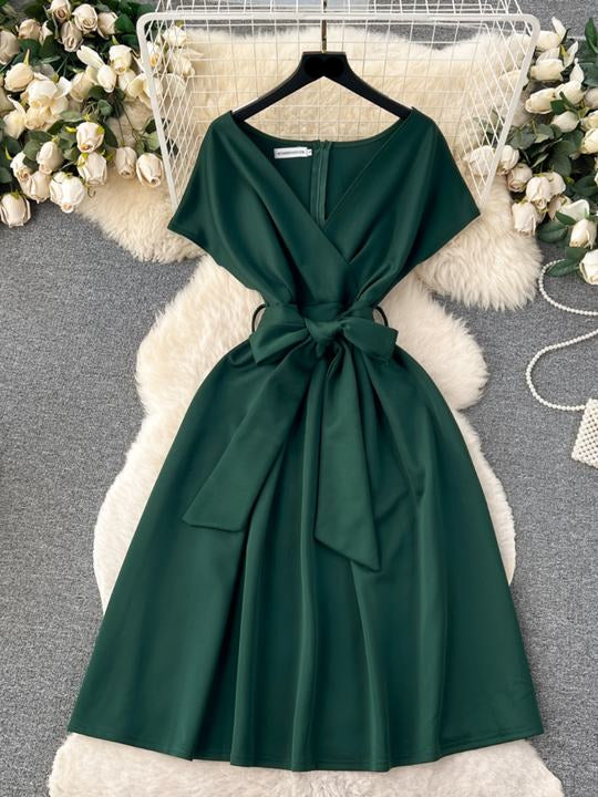 Banquet Party Dresses Women Summer Bow Tie Short Sleeve V-Neck Dresses