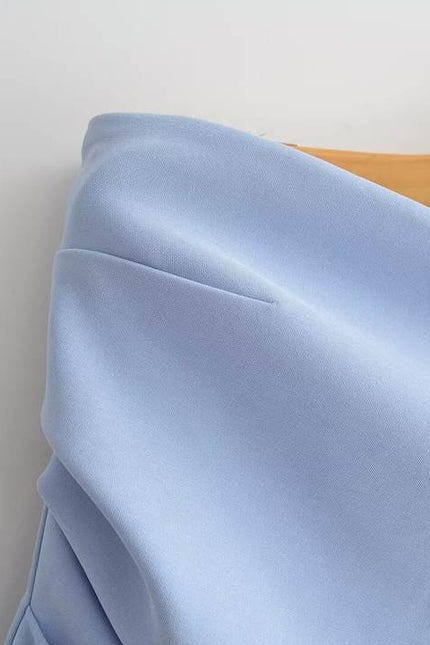 Strapless Blue Color Pleated Back Zipper Fly Casual Fashion Mini Dress for Ladies