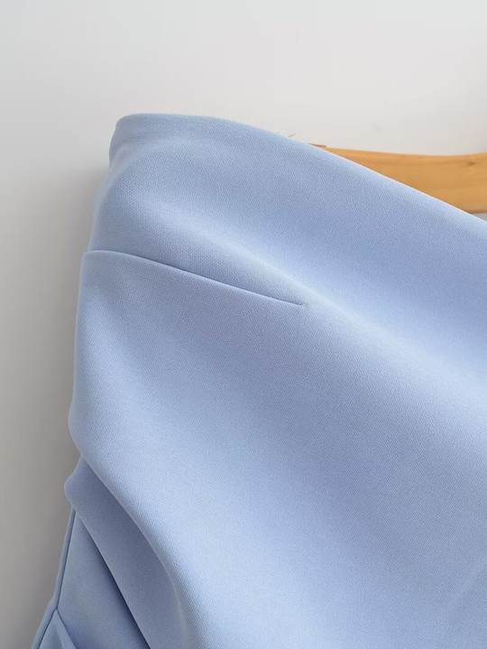 Strapless Blue Color Pleated Back Zipper Fly Casual Fashion Mini Dress for Ladies