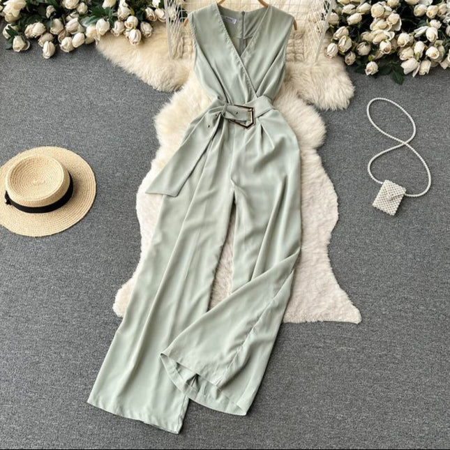 V-neck Solid Casual Long Jumpsuits Autumn Jump Suits Ladies Elegant Overalls One Piece Wholesale