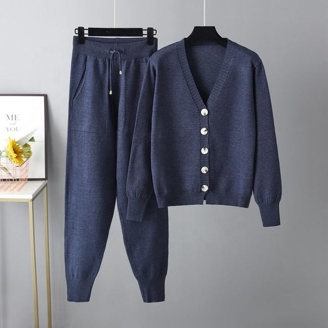 Wholesale 2023 Autumn and Winter New V-neck Cardigan Sweater Harem Pants Solid Color Cardigan Sweater Women's Set