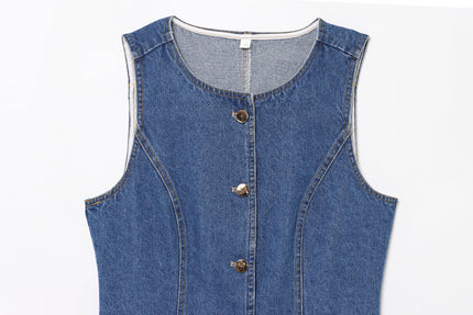 Crew Neck Buttons up Denim Blue Color Hot Sale Casual Fashion Jeans Vest Waistcoat for Women