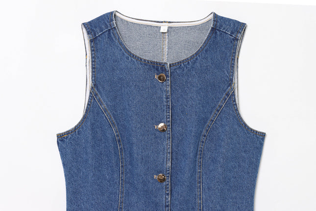 Crew Neck Buttons up Denim Blue Color Hot Sale Casual Fashion Jeans Vest Waistcoat for Women