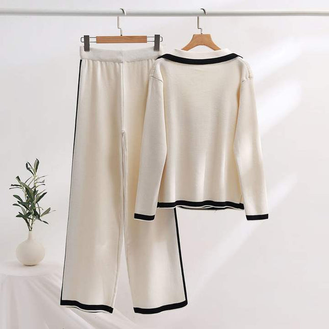 2024 Lapel Casual Top Set Colorblocking Long Sleeve Long Pants Two Piece Suit Set
