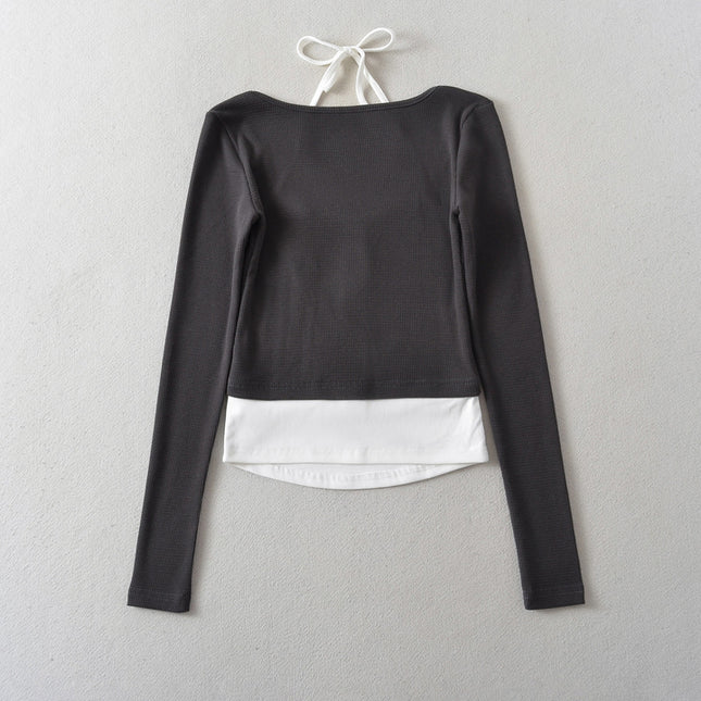 6 Colorway Buttons up Long Sleeve Knitted Solid Color Patchwork Design Casual Fashion Women t Shirt