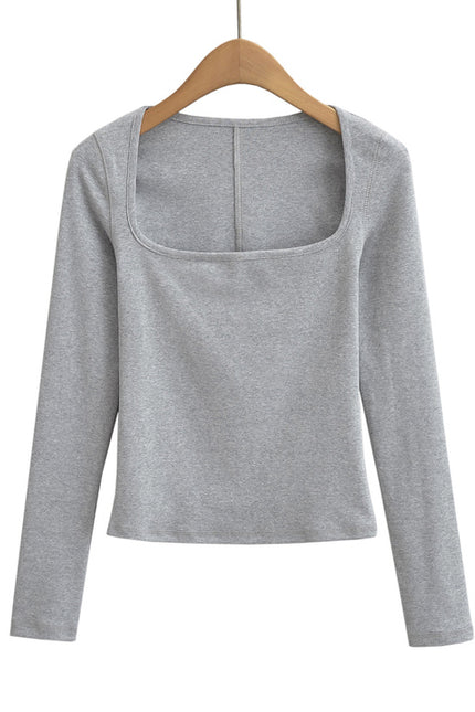 5 Colorway square Collar Long Sleeve Solid Color Knitted Casual Fashion Women t Shirt