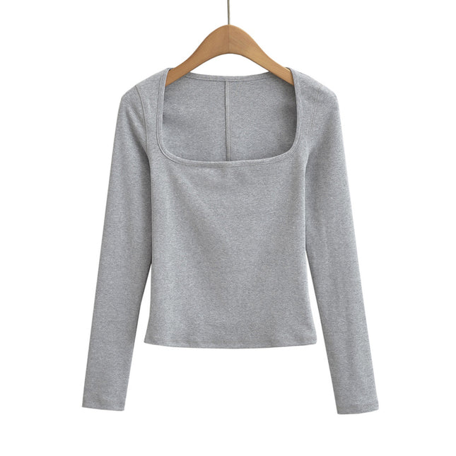 5 Colorway square Collar Long Sleeve Solid Color Knitted Casual Fashion Women t Shirt