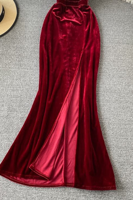New Deep V Low-Cut High Open Fork Halter Banquet Host Gold Velvet Sexy Backless Evening Dresses