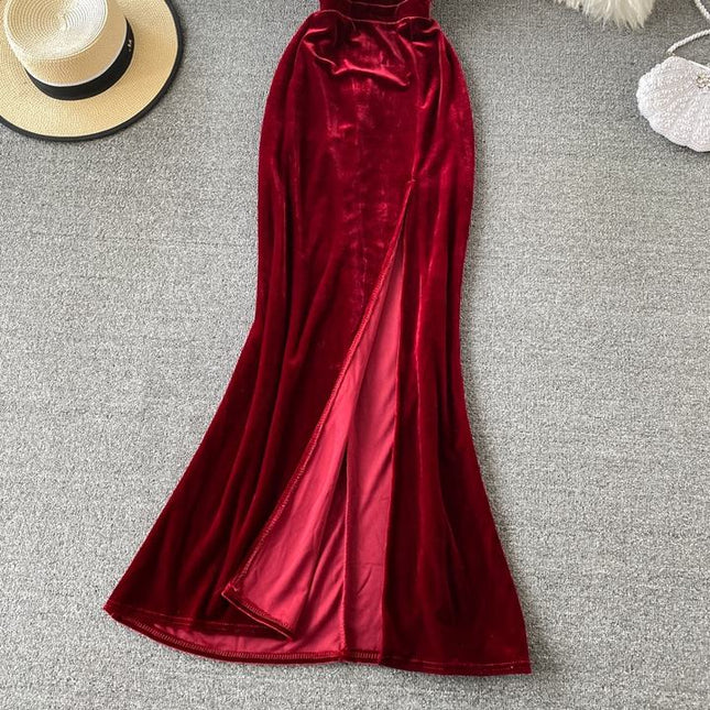 New Deep V Low-Cut High Open Fork Halter Banquet Host Gold Velvet Sexy Backless Evening Dresses