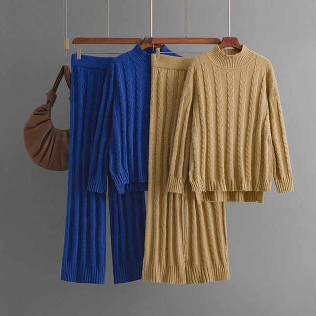 New Casual Half High Neck Sweater Wide Leg Pants Set for Women's Autumn and Winter New Knitted Two Piece Set