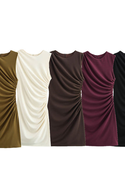 5 Colorway Crew Neck Sleeveless Pleated Zipper Fly Solid Color Casual Fashion Mini Summer Dress for Women