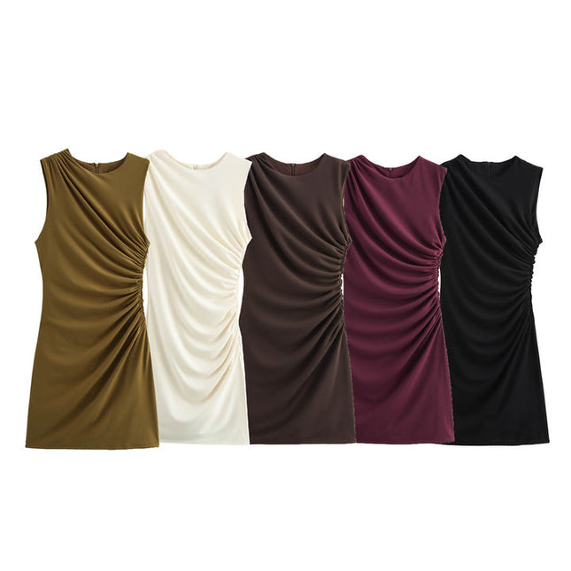 5 Colorway Crew Neck Sleeveless Pleated Zipper Fly Solid Color Casual Fashion Mini Summer Dress for Women