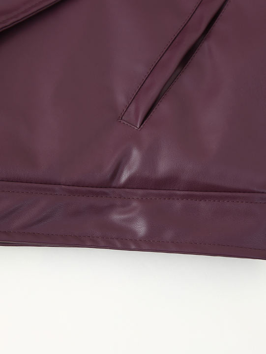 Turn Down Collar Purple Color Long Sleeve Front Buckle Casual Fashion Leather Motorcycle Jacket for Women