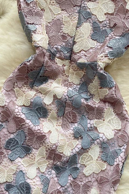 Temperament High-grade butterfly Hollowed-out Hook Flower Lace Dress Female Waist Elegant Package Hip Skirt