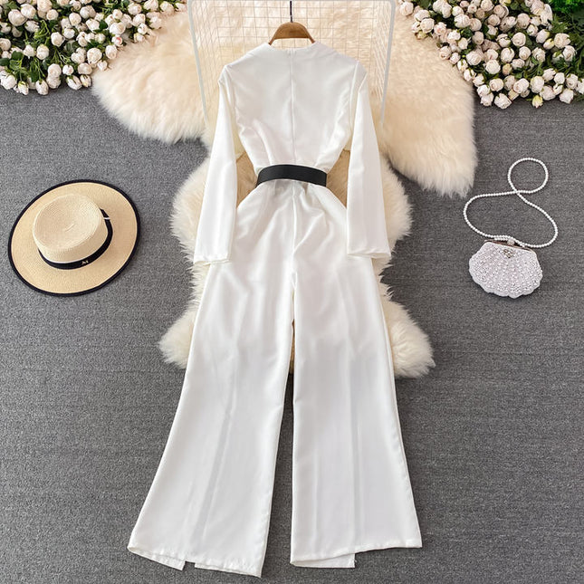 Spring Fashion OL Professional Office Style Jumpsuit High Waist Split Wide Leg Jumpsuit Pants