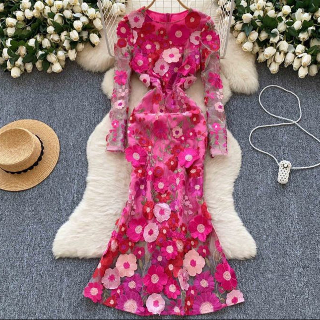 Women's Dress 2025 Spring Embroidery Waist Slim-Fit Dress