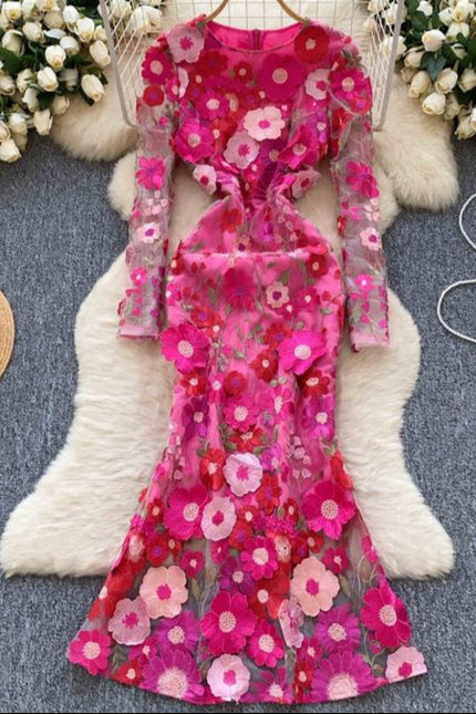 Women's Dress 2025 Spring Embroidery Waist Slim-Fit Dress